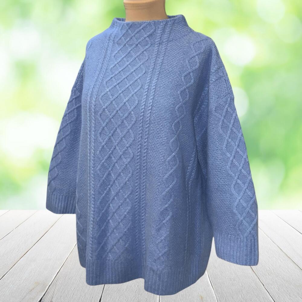 TALBOTS Cashmere Sweater Aran Cable Knit Mock Neck Blue 3/4 Sleeve Relaxed Sz XL
